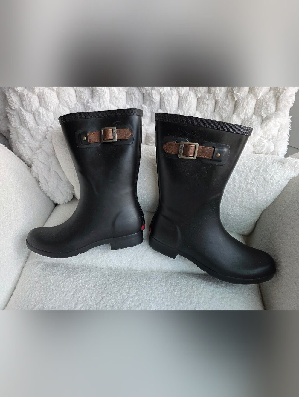 Chooka Women’s Black Rain Boots with Brown Buckle Accent